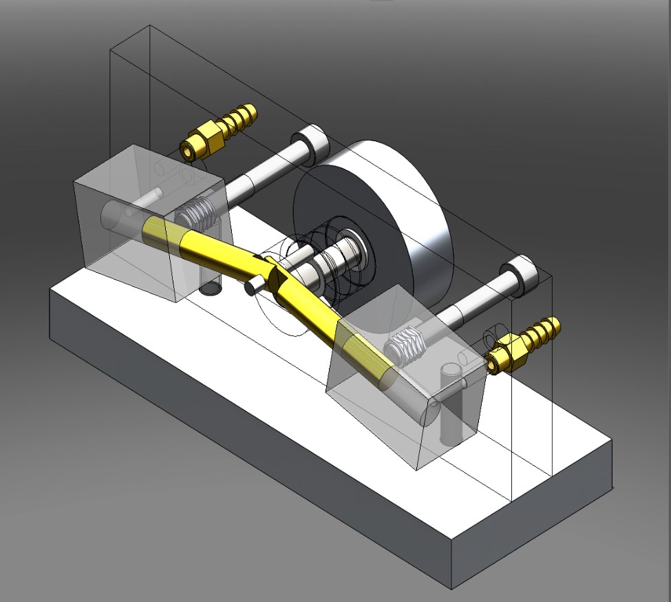 SolidWorks assembly render of the dual cylinder oscillating air engine